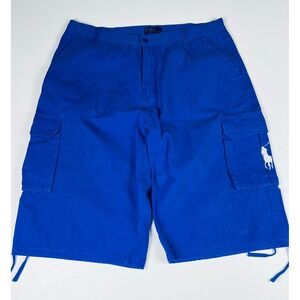 Vintage Polo Ralph Lauren Mens Blue Cargo Shorts White Pony Logo‎ Drawstring